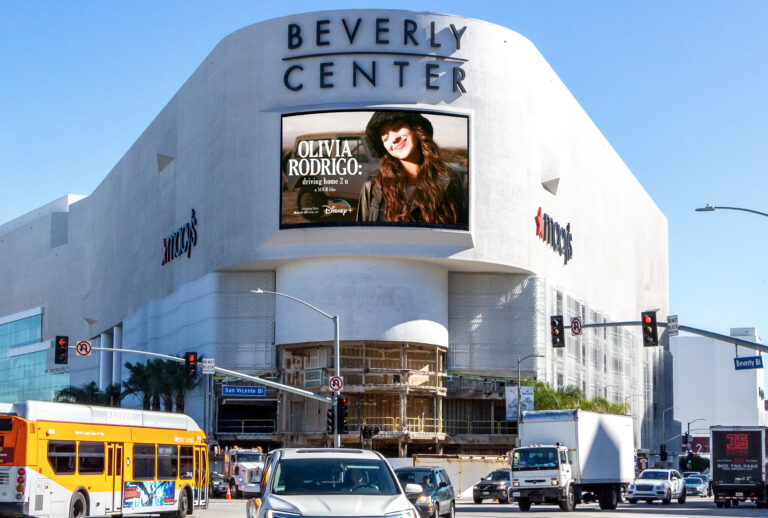 Digital rendering of Driving Home 2 U alternate key art on the Los Angeles Beverly Center billboard
